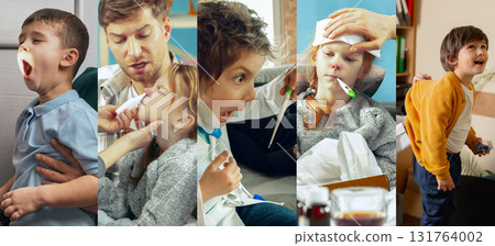 Creative collage. Sick children receiving treatment and diagnosis from doctor at home 131764002