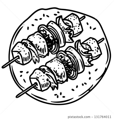 Grilled meat skewers with vegetables on plate barbecue kebab illustration, delicious picnic cuisine concept, AI Generative 131764011