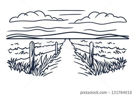 Rural landscape field path illustration countryside road with fence, grassy meadow, cloudy sky horizon line art, AI Generative Rural landscape field path illustration countryside road with fence, grassy meadow, cloudy sky horizon line art, AI Generative 131764018