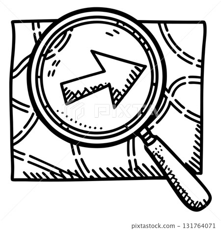 Magnifying glass over map highlighting navigation directional arrow, journey exploration, travel route planning concept, AI Generative 131764071