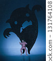Vivid poster. Little girl jumping with fierce expression before large monster shadow on blue wall 131764108