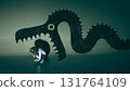 Surreal composition. Little girl crouching in fear under dragon shadow with open jaws 131764109