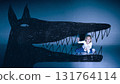Contemporary collage. Little girl sitting inside large monster mouth shadow on blue background 131764114