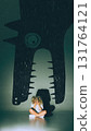 Creative collage. Little girl hiding face under giant monster mouth shadow on green wall. 131764121