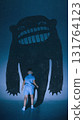 Graphic composition. Little boy facing giant smiling monster shadow on dark blue background. 131764123