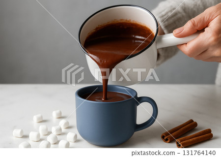 Warm thick hot chocolate being poured into a blue mug with marshmallows and cinnamon sticks on a cozy winter morning, AI Generative Warm thick hot chocolate being poured into a blue mug with marshmallows and cinnamon sticks on a cozy winter morning, AI Generative 131764140