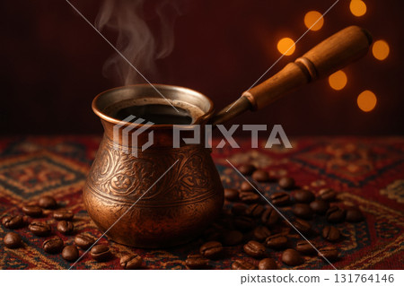 Steaming traditional copper cezve with fresh brewed coffee and roasted beans on patterned textile in warm ambient lighting, AI Generative Steaming traditional copper cezve with fresh brewed coffee and roasted beans on patterned textile in warm ambient lighting, AI Generative 131764146