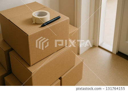 Cardboard moving boxes stacked by a doorway with tape and marker for home relocation, packing, or delivery organization, AI Generative 131764155
