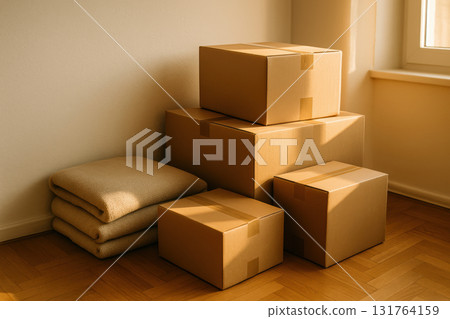 Cardboard moving boxes stacked in a sunlit room with folded blankets on a wooden floor during a home relocation, AI Generative 131764159