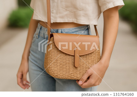 Fashionable woman wearing casual summer outfit and holding small woven crossbody bag with leather flap outdoors in daylight, AI Generative Fashionable woman wearing casual summer outfit and holding small woven crossbody bag with leather flap outdoors in daylight, AI Generative 131764160