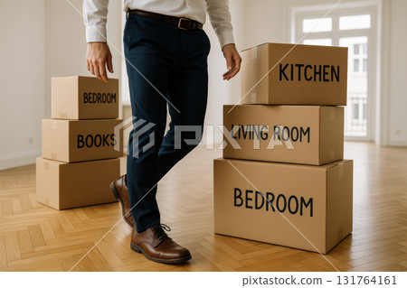 Man standing in modern apartment with packed cardboard boxes labeled for moving and organizing household rooms and belongings, AI Generative Man standing in modern apartment with packed cardboard boxes labeled for moving and organizing household rooms and belongings, AI Generative 131764161