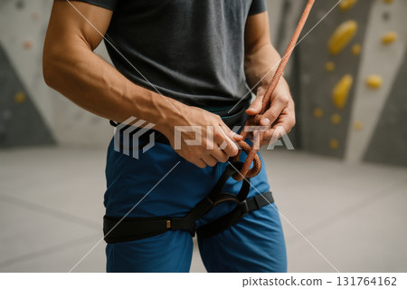 Man securing climbing rope to harness indoors before ascending artificial rock wall for strength and endurance training, AI Generative Man securing climbing rope to harness indoors before ascending artificial rock wall for strength and endurance training, AI Generative 131764162