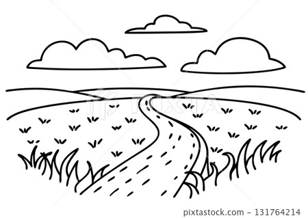 winding country road landscape illustration curved rural path through open field, cloudy sky, scenic countryside view, AI Generative 131764214