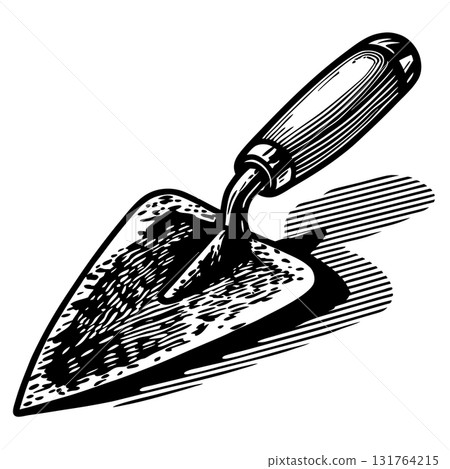 Hand garden trowel tool, vintage engraving metal soil implement with wooden handle, detailed illustration, AI Generative 131764215