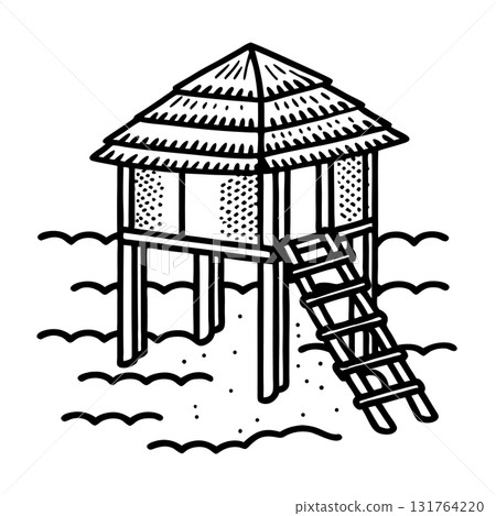 Rustic wooden beach hut on stilts with thatched roof and ladder, shoreline sand waves, tropical vacation retreat, AI Generative 131764220