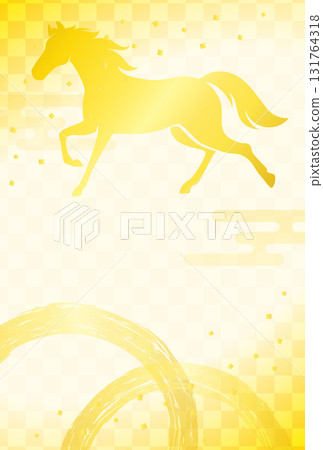 New Year's card for the Year of the Horse, with a silhouette of the zodiac horse and a Japanese pattern, gold New Year's card for the Year of the Horse, with a silhouette of the zodiac horse and a Japanese pattern, gold 131764318