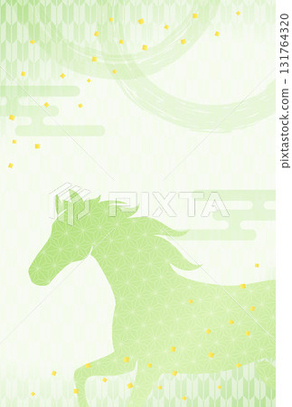 New Year's card for the Year of the Horse, Japanese style design with a silhouette of the zodiac horse and Japanese patterns, green New Year's card for the Year of the Horse, Japanese style design with a silhouette of the zodiac horse and Japanese patterns, green 131764320