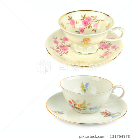 Pair of Antique Porcelain Teacups and Saucers with Floral Design 131764578