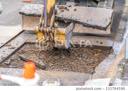 Waterworks, water pipe replacement, road, asphalt paving, excavation, open cut construction method Waterworks, water pipe replacement, road, asphalt paving, excavation, open cut construction method 131764590