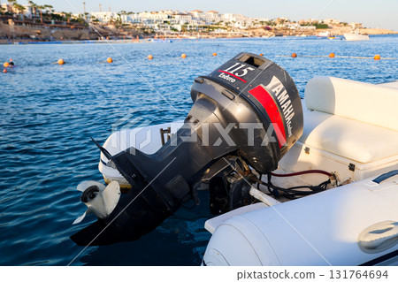 Egypt, Sharm el-Sheikh - September 24, 2025 Yamaha engine on a boat near the pontoon. Editorial 131764694