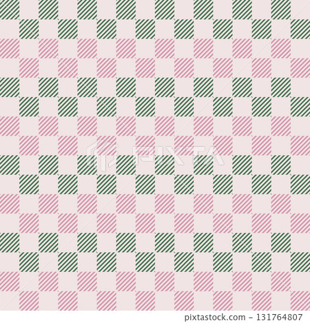 Green pink funky plaid style pattern. Geometric check tablecloth print in warm color. Checkered repeat background for textile home design. 131764807