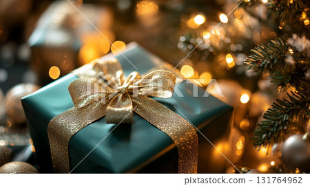 green gift box with golden ribbon placed under sparkling Christmas tree with warm lighting green gift box with golden ribbon placed under sparkling Christmas tree with warm lighting 131764962