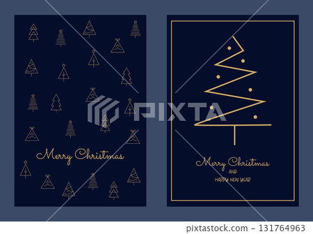 Minimal Christmas Card with Gold Line Trees on Dark Blue Background. Elegant Holiday Greeting Minimal Christmas Card with Gold Line Trees on Dark Blue Background. Elegant Holiday Greeting 131764963