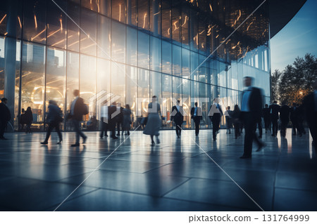 blurred business people walking at a trade fair, conference or walking in a modern hall 131764999