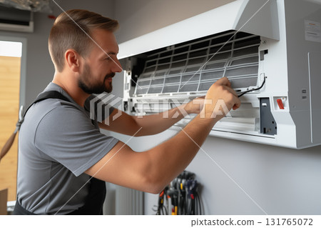 Technician Installing modern ac unit in new home Technician Installing modern ac unit in new home 131765072