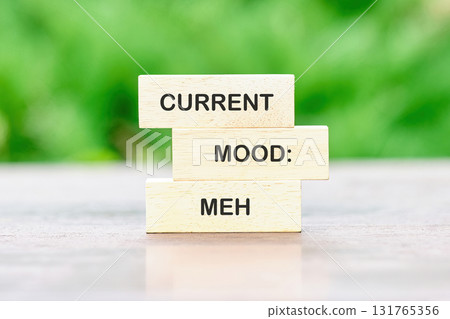 Three stacked wooden blocks display text. The first reads CURRENT, second reads MOOD, and the last reveals MEH. A blurry green background sits behind the word stack Three stacked wooden blocks display text. The first reads CURRENT, second reads MOOD, and the last reveals MEH. A blurry green background sits behind the word stack 131765356
