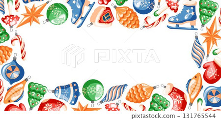 Festive Christmas border with of colorful ornament, candy cane, star, pinecone, tree, skate and stocking forming a decorative holiday frame on a white background in cartoon style. 131765544