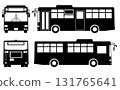Black and white silhouette of a city bus seen from the front, back, and side 131765641
