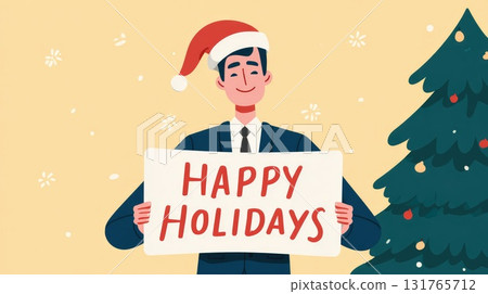 happy business man with santa hat and merry christmas sign illustration 131765712