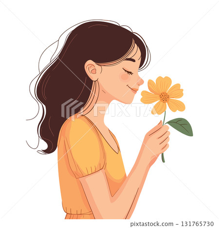 happy young woman smells a flower isolated vector illustration 131765730