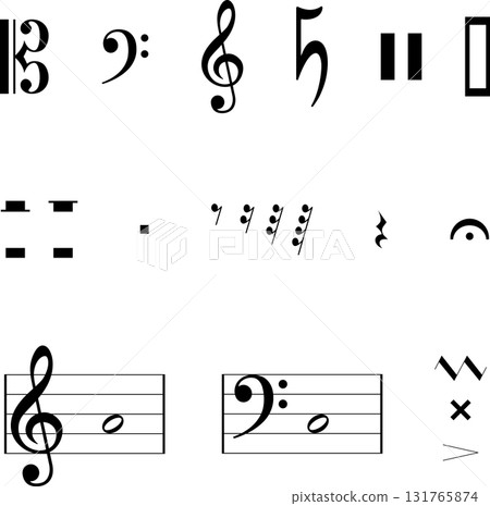 Music notes pattern, music symbols, notes, clefs and sharps. Various musical symbols including whole, half, quarter, eighth, and sixteenth notes and rests for print, wallpaper, wrapping, educational  131765874
