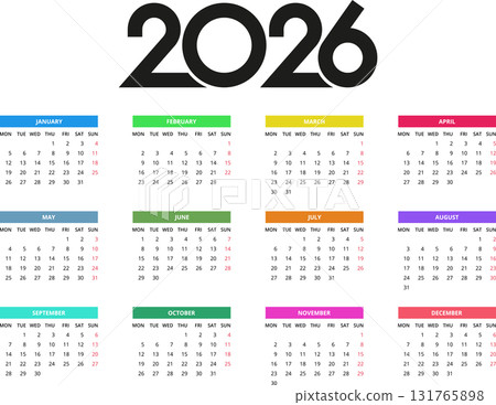 2026 Calendar template. Calendar 2026 - 12 months yearly calendar - planner calendar. Monthly calendar. Vector illustration for print, web, mobile app on black background 131765898