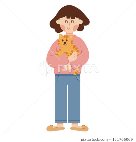 Flat cartoon illustration of a cute girl with a cat. Adorable friendship concept between child and pet in minimal style, perfect for lifestyle, love, and animal designs. Flat cartoon illustration of a cute girl with a cat. Adorable friendship concept between child and pet in minimal style, perfect for lifestyle, love, and animal designs. 131766069