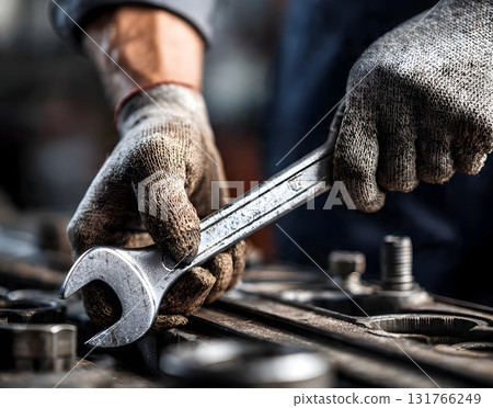 A mechanic's gloved hands carefully hold a metal wrench over an array of sockets, symbolizing automotive repair, skilled maintenance, and industrial professionalism. AI Generated 131766249