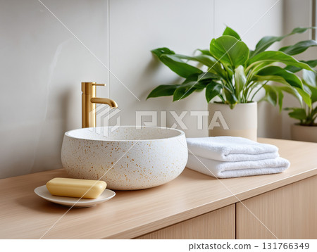 Modern bathroom design with natural elements and stylish fixtures 131766349
