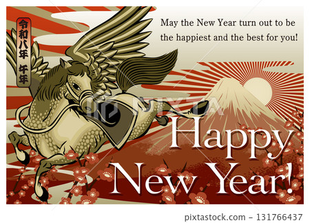 2026新年賀卡模板「金飛馬」新年快樂英文註解圖案 2026新年賀卡模板「金飛馬」新年快樂英文註解圖案 131766437