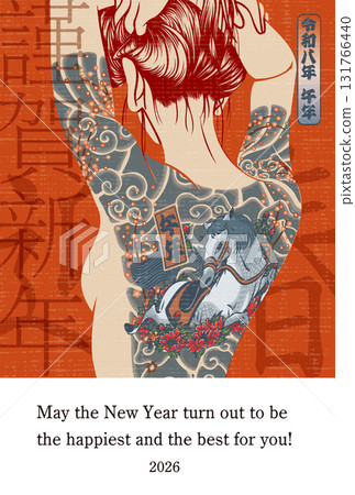 2026新年賀卡模板「紋身女孩」新年快樂英文註釋圖案 131766440