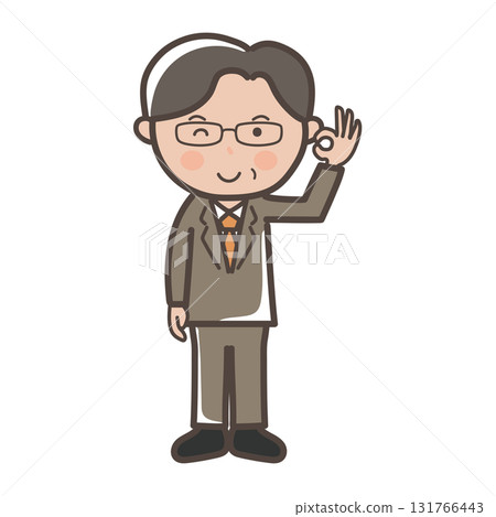 Full-body illustration of a middle-aged male businessman wearing glasses giving an OK sign 131766443