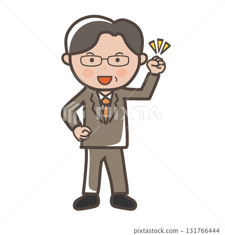 Full-body illustration of a middle-aged male businessman wearing glasses and full of motivation in a fist pump 131766444