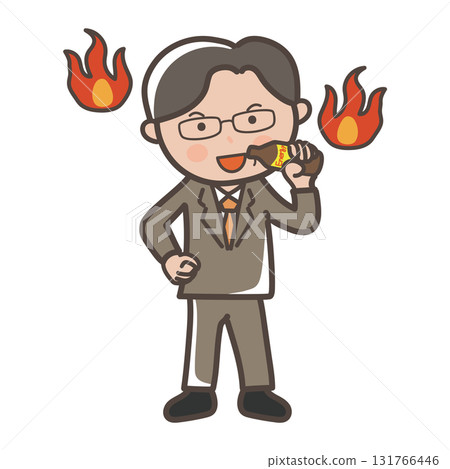 A full-body illustration of a middle-aged male businessman drinking a nutritional drink to get motivated 131766446