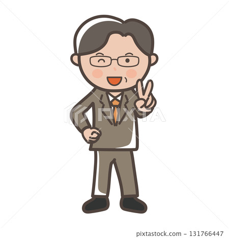 一位戴著眼鏡的中年男性商人微笑著做出和平手勢的全身插圖 131766447