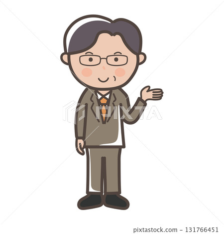 A full-body illustration of a middle-aged male businessman wearing glasses giving an explanation or guidance 131766451