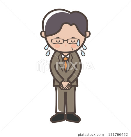 A full-body illustration of a middle-aged male businessman wearing glasses apologizing while sweating profusely 131766452
