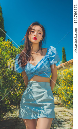 Young Asian woman poses in a stylish blue outfit surrounded by vibrant flowers in a sunny outdoor setting 131766571