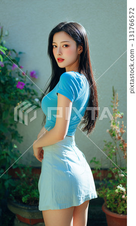 Korean woman posing with confidence in a garden during a sunny day, showcasing vibrant plants and flowers 131766572