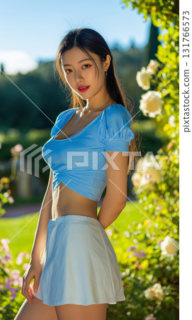 Woman poses in a garden wearing a blue top and skirt on a sunny afternoon surrounded by blooming flowers Woman poses in a garden wearing a blue top and skirt on a sunny afternoon surrounded by blooming flowers 131766573